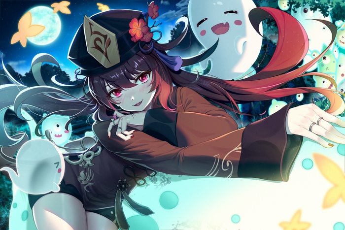 Hu Tao with ghosts under the moonlight