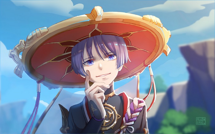 Scaramouche from Genshin Impact under a large hat