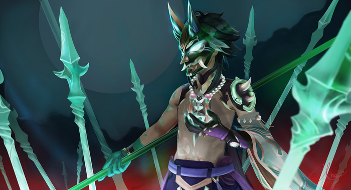 Xiao from Genshin Impact with spears