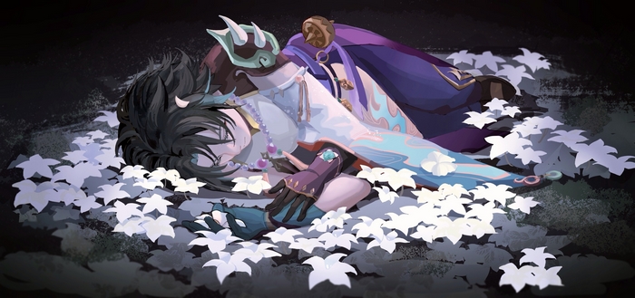 Xiao lying down surrounded by white flowers