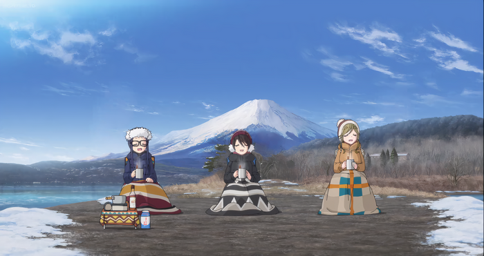 Laid-Back Camp: Chiaki, Aoi, and Ena enjoy hot drinks by Mt. Fuji