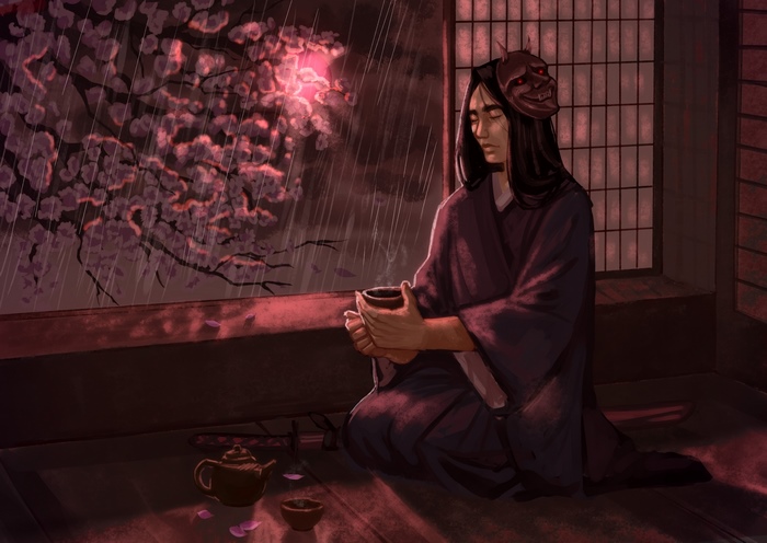 Samurai drinking tea in the rain with a mask