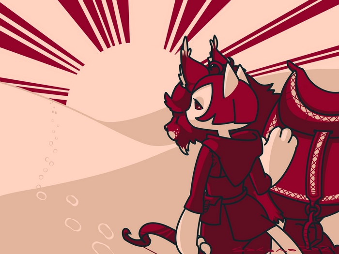 Anthropomorphic character with a backpack in a desert