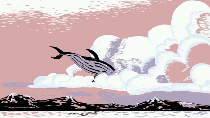 Whale jumping through clouds over mountains