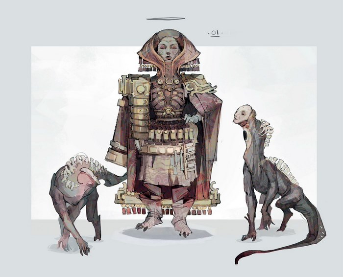 Creature concept art with a central figure and two companions