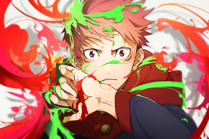 Yuji Itadori with red and green paint splashes