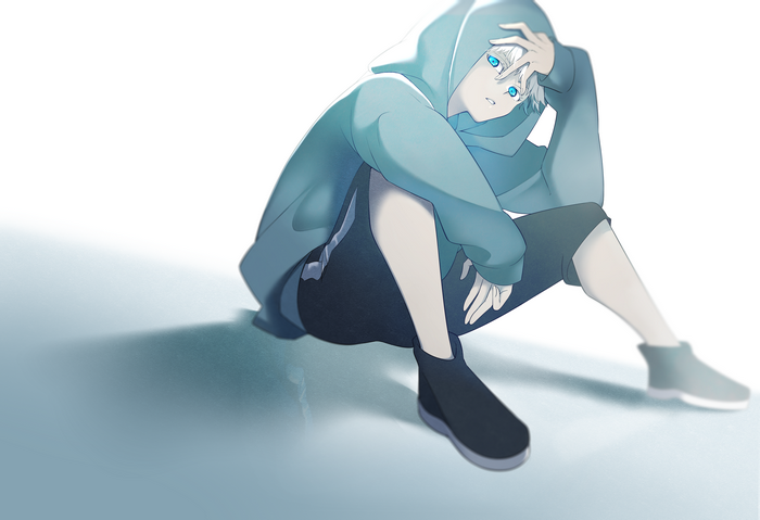 Satoru Gojo wearing a blue hoodie and shorts