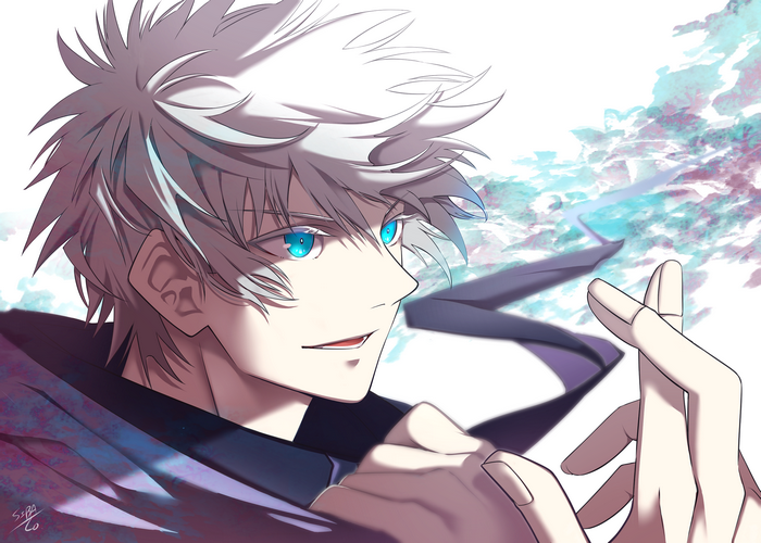 Satoru Gojo with blue eyes and white hair