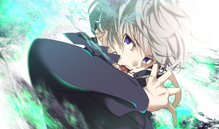 Toge Inumaki with white hair and purple eyes