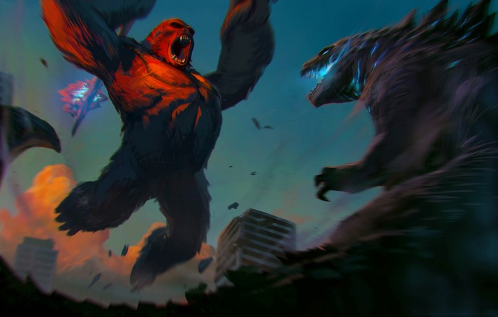 King Kong and Godzilla fighting amidst city ruins