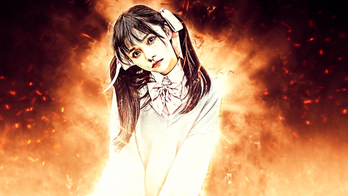 Asian girl in school uniform surrounded by fire