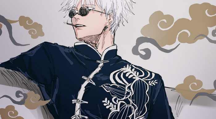 Satoru Gojo wearing a dark blue outfit with white accents