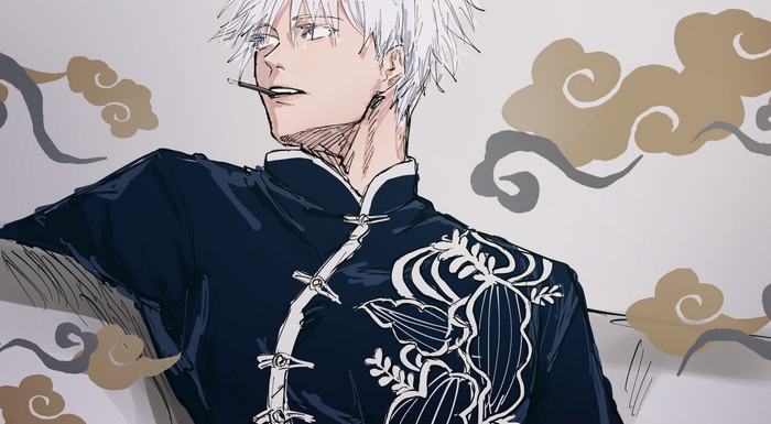 Satoru Gojo in a dark blue outfit with clouds