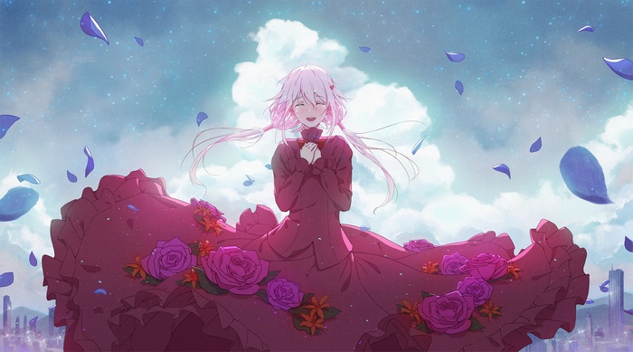 Inori Yuzuriha in a red dress with flowers