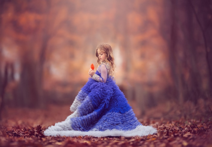 Little girl in a blue dress holding a red leaf