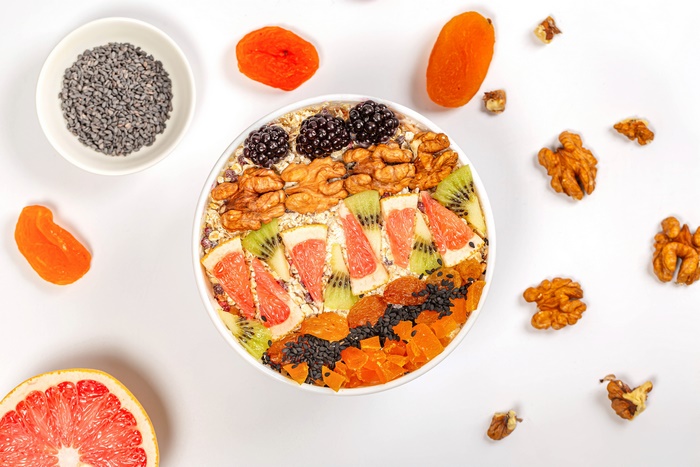 Breakfast bowl with fruits and nuts 4K