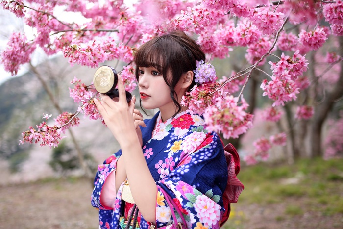 Woman in Kimono with Cherry Blossoms