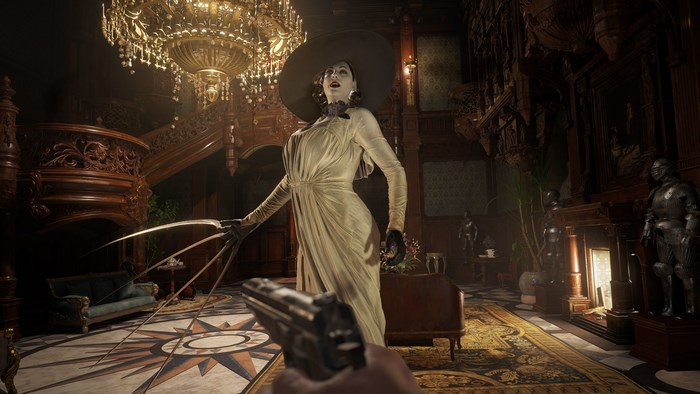 Lady Dimitrescu from Resident Evil Village holding a gun