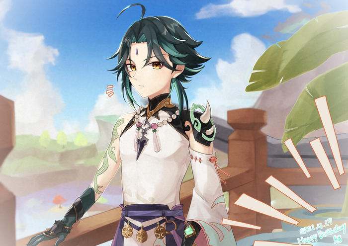Xiao from Genshin Impact on a balcony