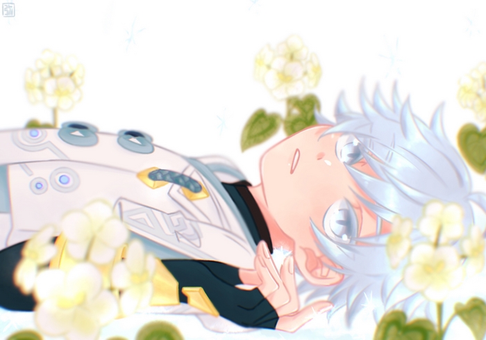 Chongyun from Genshin Impact lying down with flowers