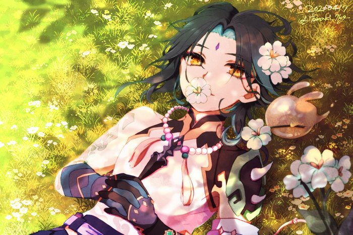 Xiao Genshin Impact Relaxing in Field