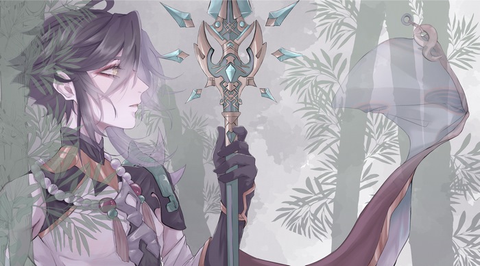 Xiao from Genshin Impact with a polearm