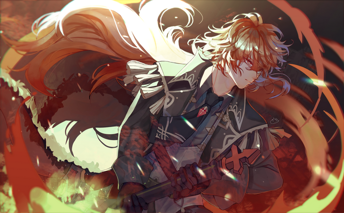 Diluc from Genshin Impact holding a weapon