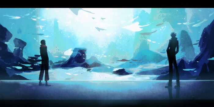 Yuji Itadori and Satoru Gojo in a surreal underwater landscape