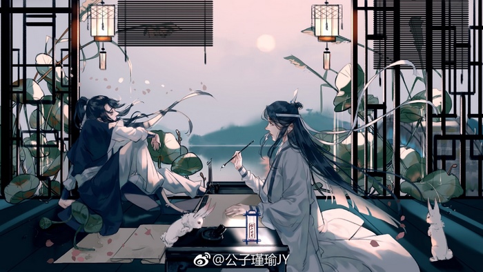 Lan Wangji and Wei Wuxian by a lake