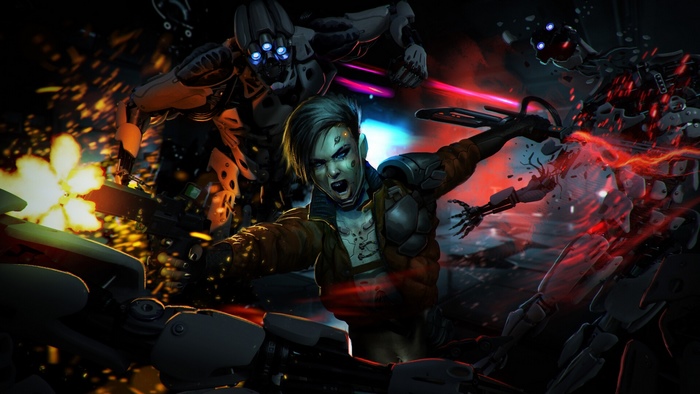 Cyberpunk woman fighting robots with lasers
