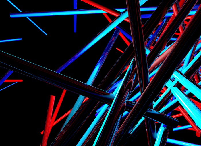 Abstract 3D render of red and blue tubes