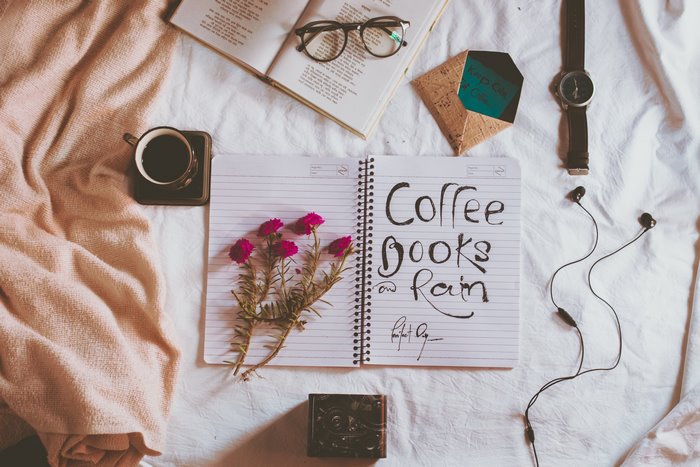 Coffee, Books, and Rain Still Life Photography