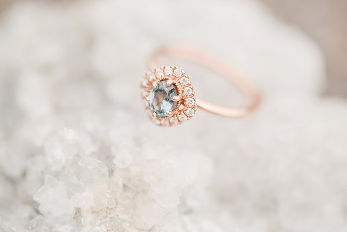 Rose Gold Halo Ring with Aquamarine and Diamonds
