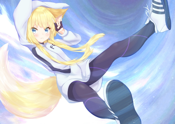 Kon from Kemono Jihen wearing a hoodie and athletic wear