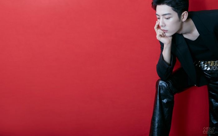Xiao Zhan poses in black outfit against red background