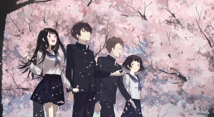 Hyouka characters under sakura blossoms