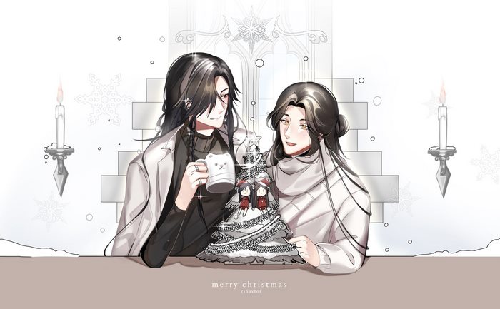 Xie Lian and Hua Cheng with a Christmas tree