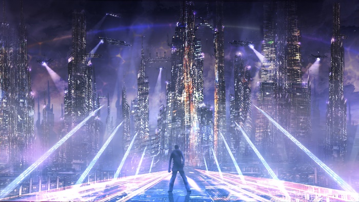 Sci Fi City 4K with Man and Futuristic Buildings