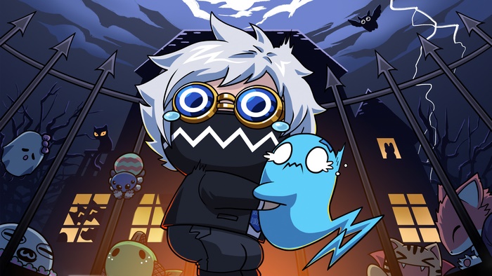 Monstercat Halloween character with ghosts and cats