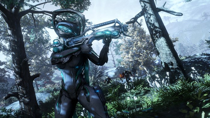 Warframe character aiming a rifle in a forest