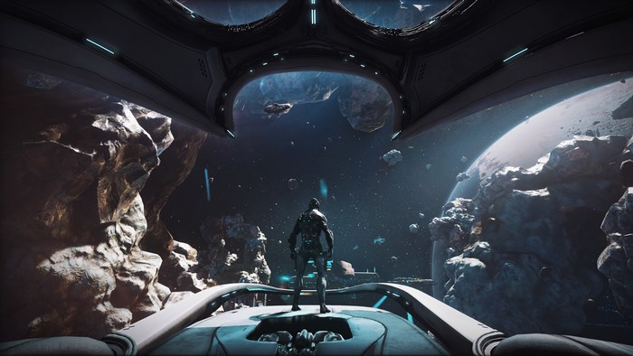 Warframe character in a spaceship overlooking asteroids and a planet