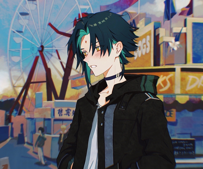 Xiao from Genshin Impact at an amusement park
