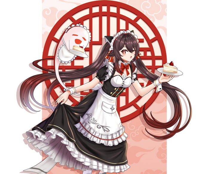 Hu Tao in a maid outfit holding cake