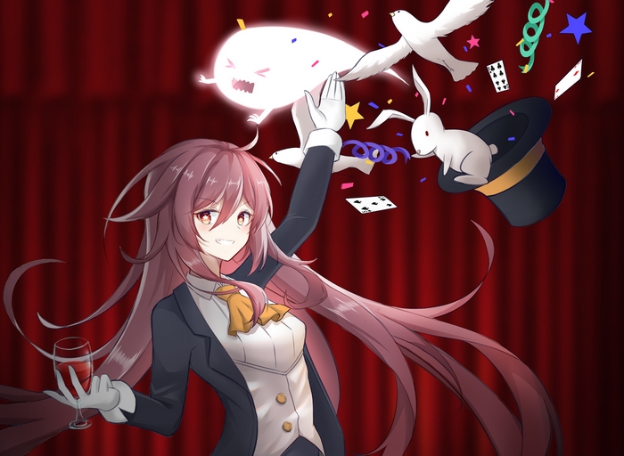 Hu Tao performing a magic trick with a ghost and rabbit