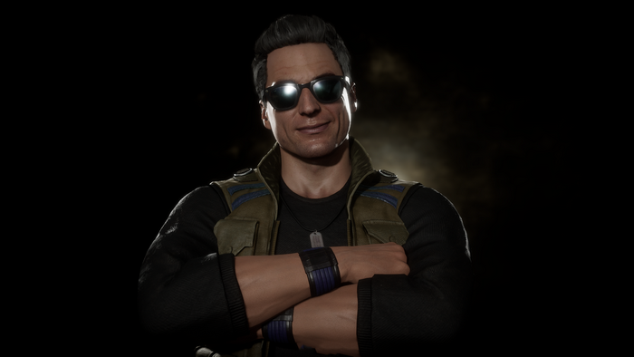 Johnny Cage in a vest and sunglasses