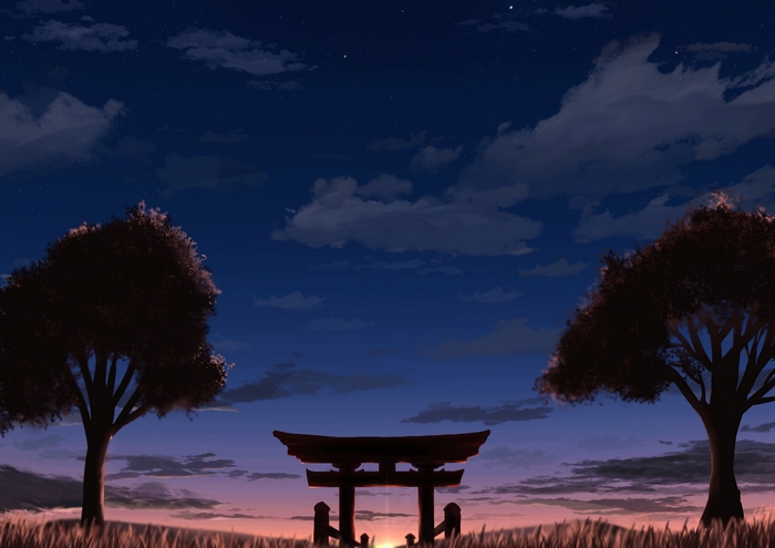 Artistic Sunset with Torii Gate and Trees