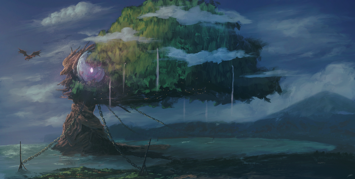 Fantasy Tree with Eye and Dragon