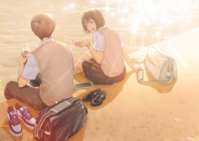 Friends in School Uniforms by the Water 4K