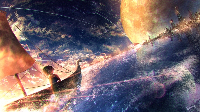 Girl on a boat sailing towards a city and a large moon