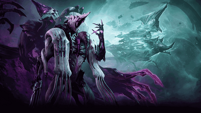 Sevagoth from Warframe in a dark, cosmic environment